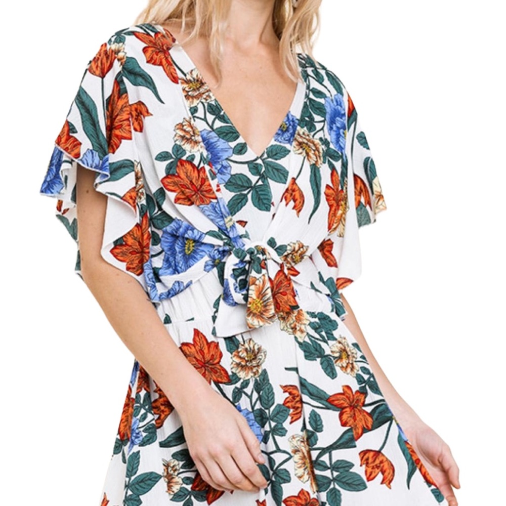 Umgee Floral Tie Front Mini Dress Size Medium - Picture 10 of 12
